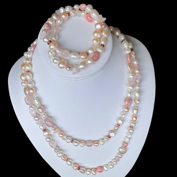 Vintage Honora 40" Pearl & Gemstone Necklace & Bracelet Set Pink Rhodochrosite - Picture 6 of 16